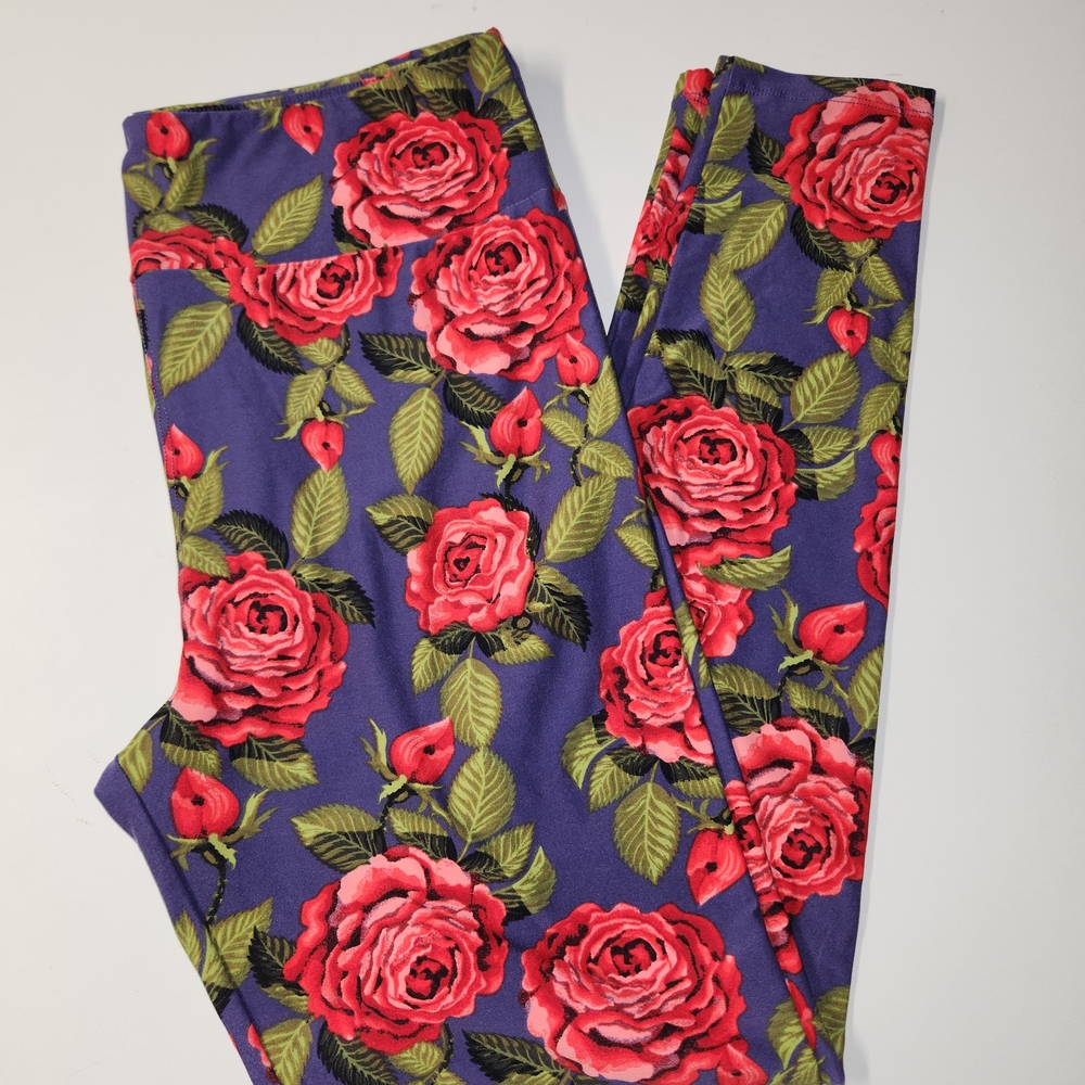 LuLaRoe Womens Tall & Curvy Pink Roses on Purple Leggings Athleisure